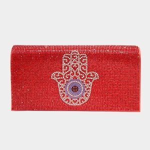 Red Hamsa Hand Evil Eye Clutch Rhinestone Crystal Purse Bling Crossbody Bag